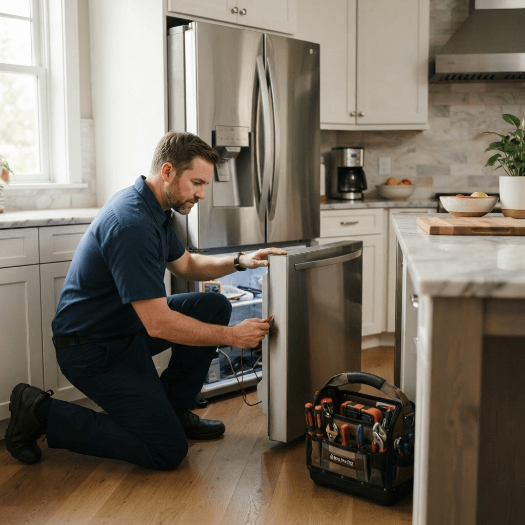 Technician inspecting a refrigerator