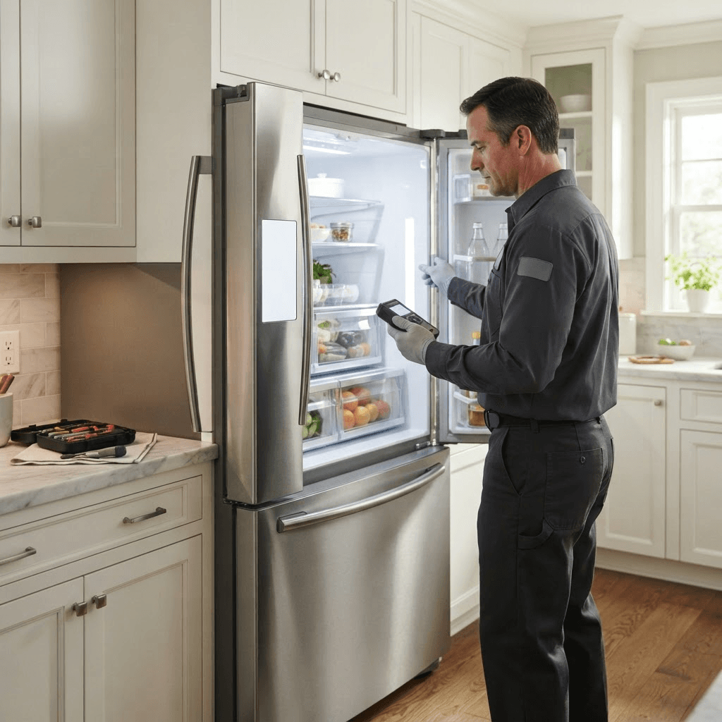 Technician inspecting a refrigerator control panel