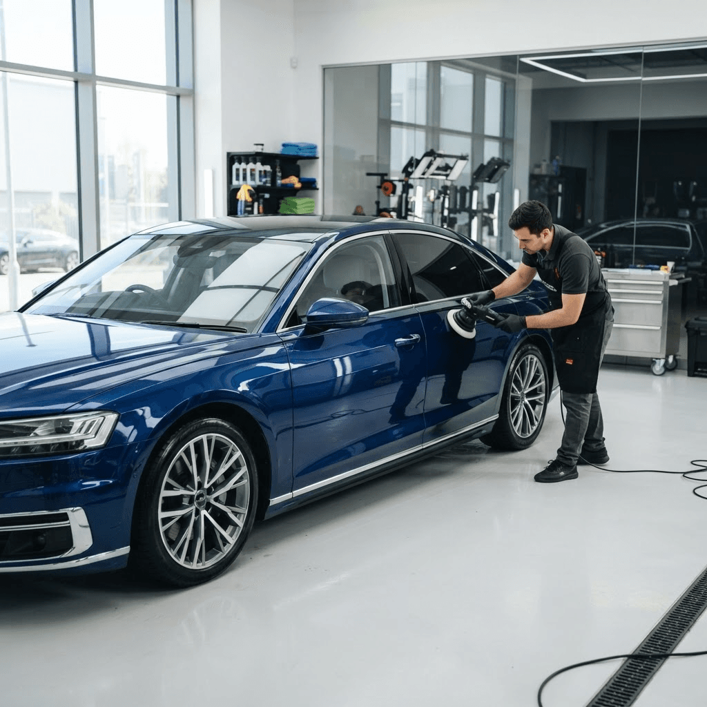 Professional detailer polishing a metallic blue car