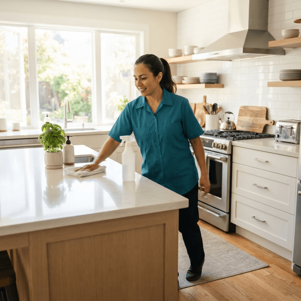 Professional cleaner working in a bright residential kitchen