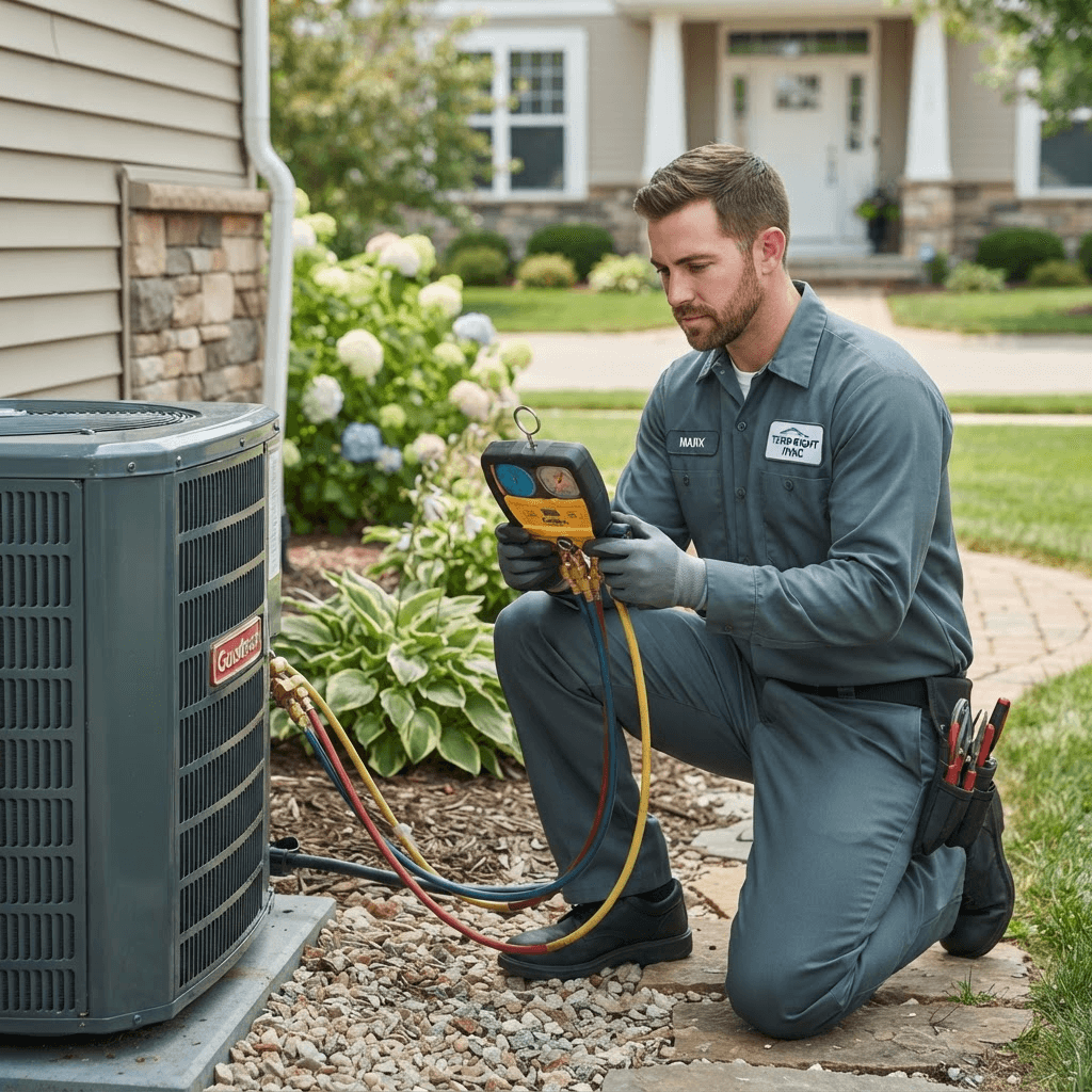 Example HVAC website hero showing a technician servicing an air conditioning condenser