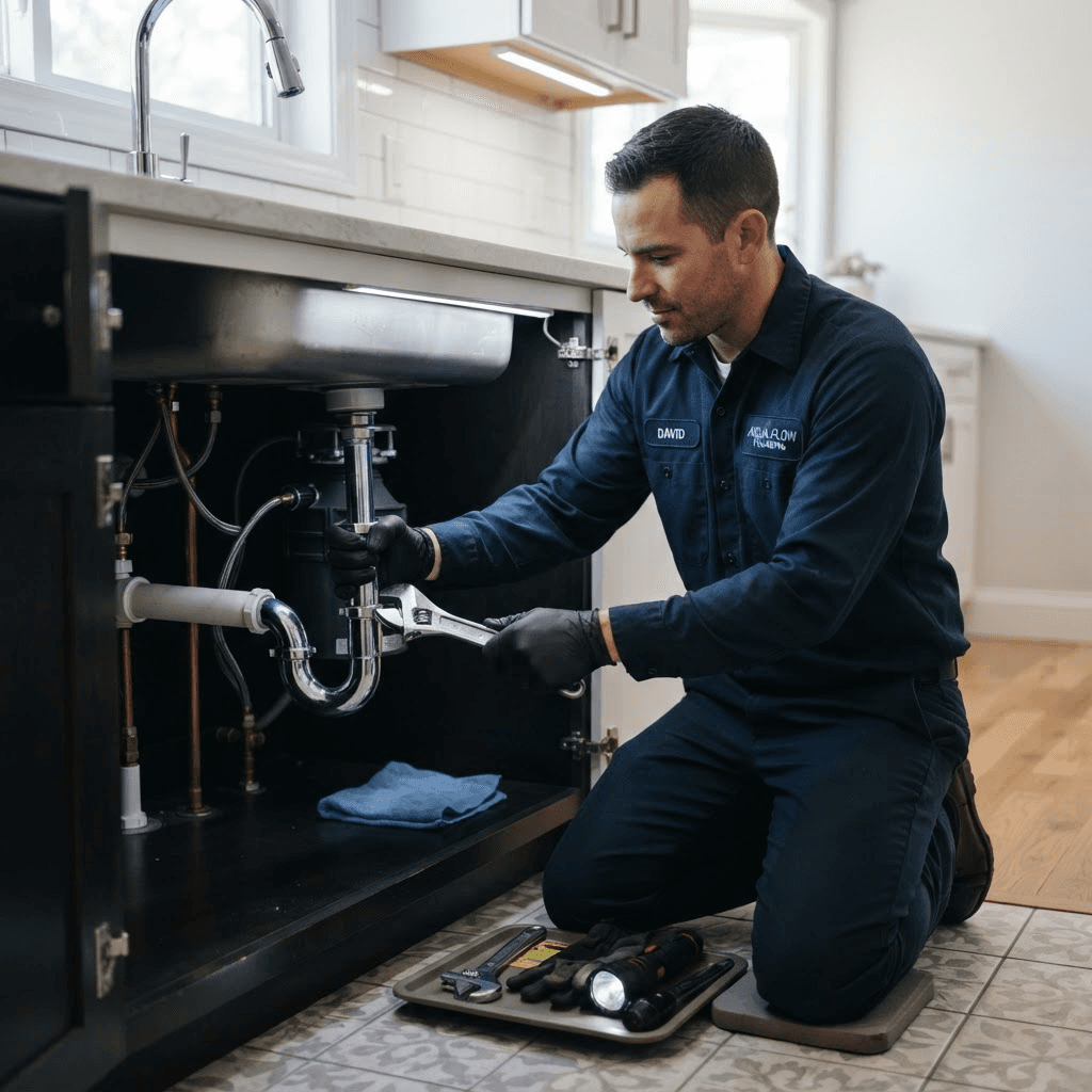Plumber repairing a pipe under a sink