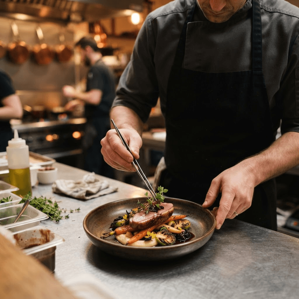 Chef finishing a seasonal dish